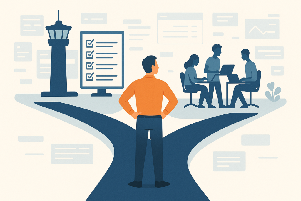 Project manager standing between control and autonomy paths, symbolizing micromanagement versus momentum