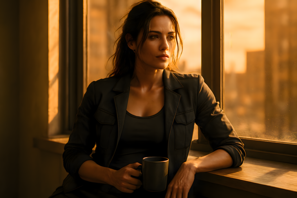 Attractive, confident woman recovering after a long work sprint—captured in soft sunlight, composed and powerful. Burnout never looked this resilient.