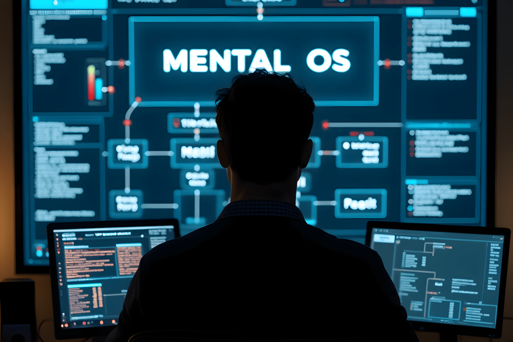 “Visual breakdown of a mental operating system in a digital war room setting – one screen shows a victim loop, the other shows a reboot path”