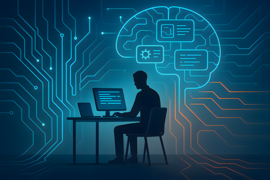 Person rebooting mental OS in a digital-futuristic workspace, representing focused recovery from cognitive overload