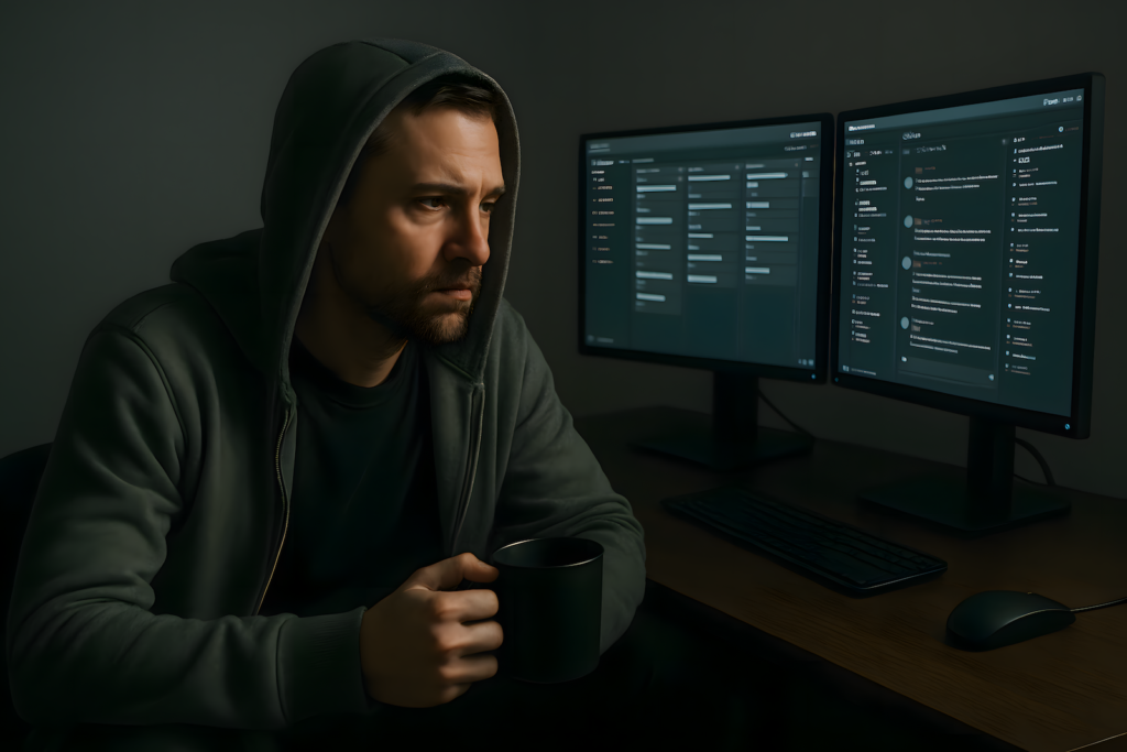 Tactical night worker in a quiet space reviewing task systems after burnout recovery