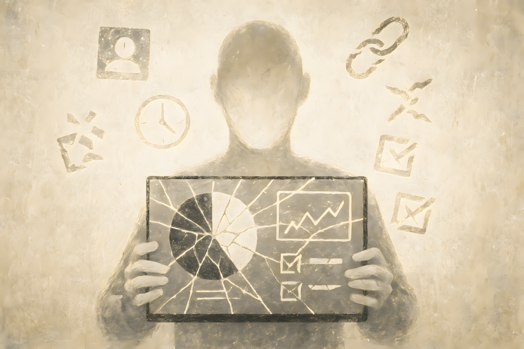 A broken digital productivity interface held by a faceless figure, symbolizing the collapse of systems built on guru advice and the mental trap of outsourced clarity.