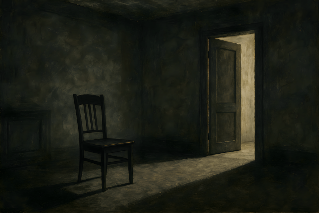 An empty, structured living space with one open door—symbolizing boundaries, finality, and the emotional weight of respect lost in a family dynamic.