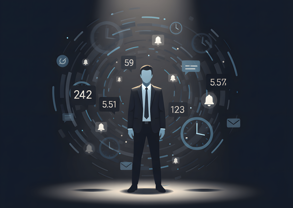 Person maintaining focus and composure while surrounded by pressure indicators representing deadlines and stress