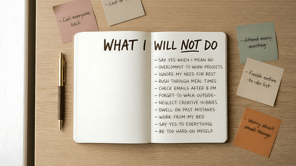 A notebook open to a handwritten anti-goals list on a clean desk, representing the practice of defining what you will not do