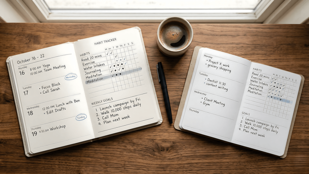 Two open goal-tracking planners on a wood desk showing weekly layouts and habit tracker grids