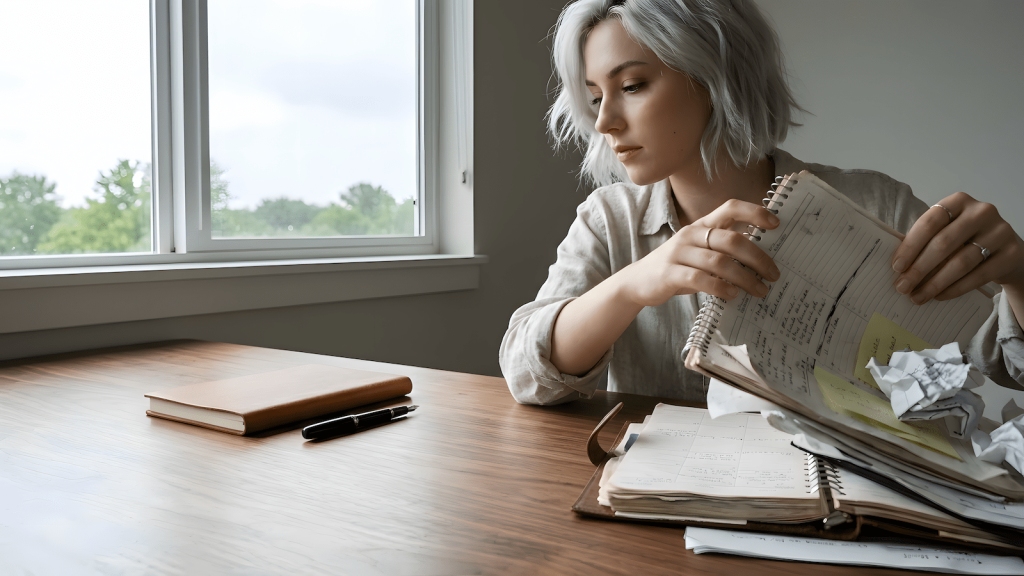 person reviewing a pile of old filled notebooks and crumpled notes at a desk by a spring window, clean notebook waiting beside them