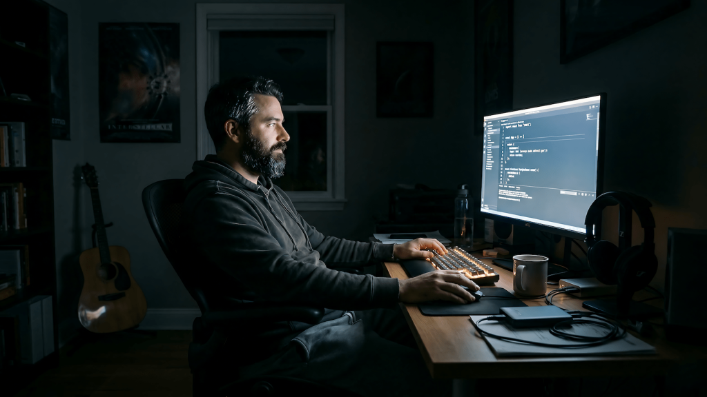 A man sitting alone at a glowing monitor late at night, finding solitude and mental recovery in the quiet hours after the house goes still.