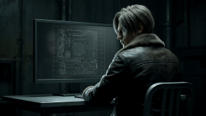 Man examining his mental operating system framework at a dark minimal desk