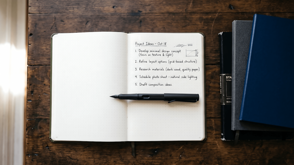 Planning tools for men laid out on a desk, including a hardcover dot-grid notebook open to a handwritten priorities list.