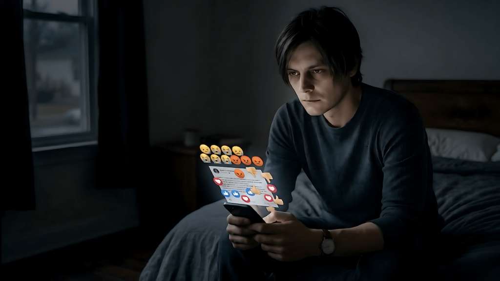 A person staring at social media reactions on their phone looking empty rather than supported