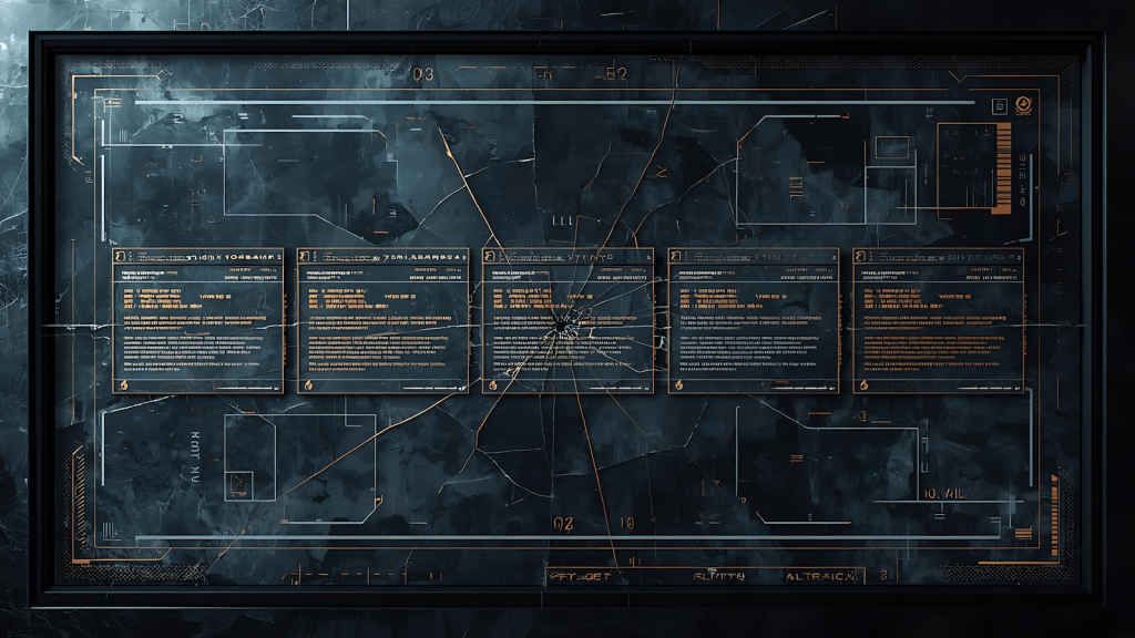 Cracked digital display with five glitching error panels representing modern adult mindset problems and broken mental operating systems
