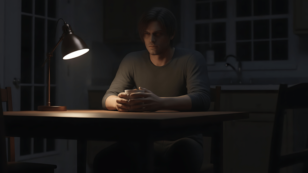 Man sitting alone at kitchen table late at night carrying the emotional weight of being a provider
