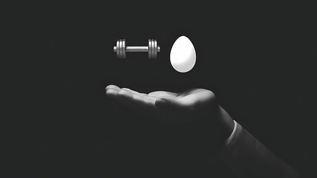 Illustration of a hand holding a small dumbbell and an egg, representing two ways small weight blocks growth