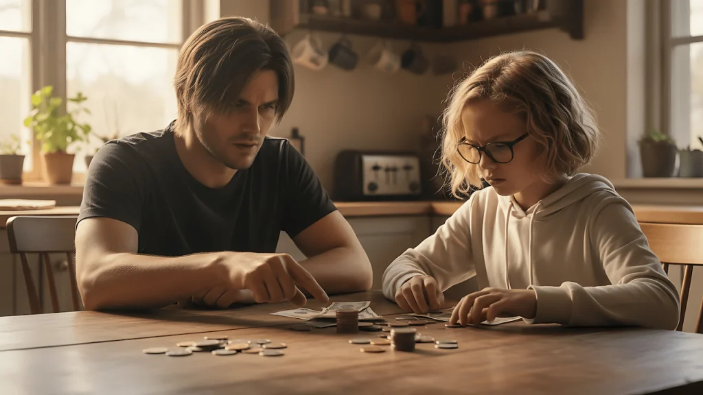 Parent and child practicing quick money math with coins and bills at a table