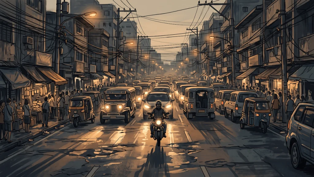 Motorcycle riding in the wrong lane against oncoming traffic on a city street at dusk