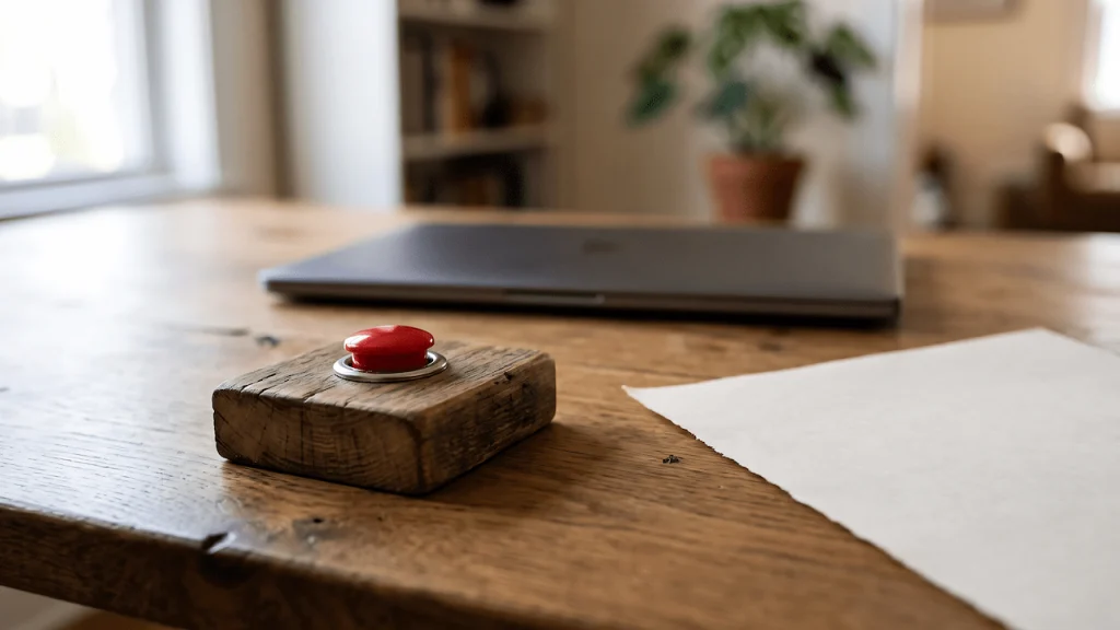 A single red button on a wooden block beside a closed laptop and a paper checklist, representing the one decision left to a human.