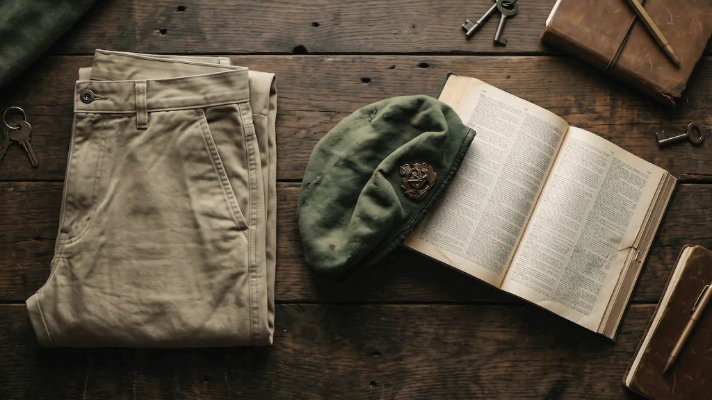 Folded khaki pants next to a green beret and an open dictionary page