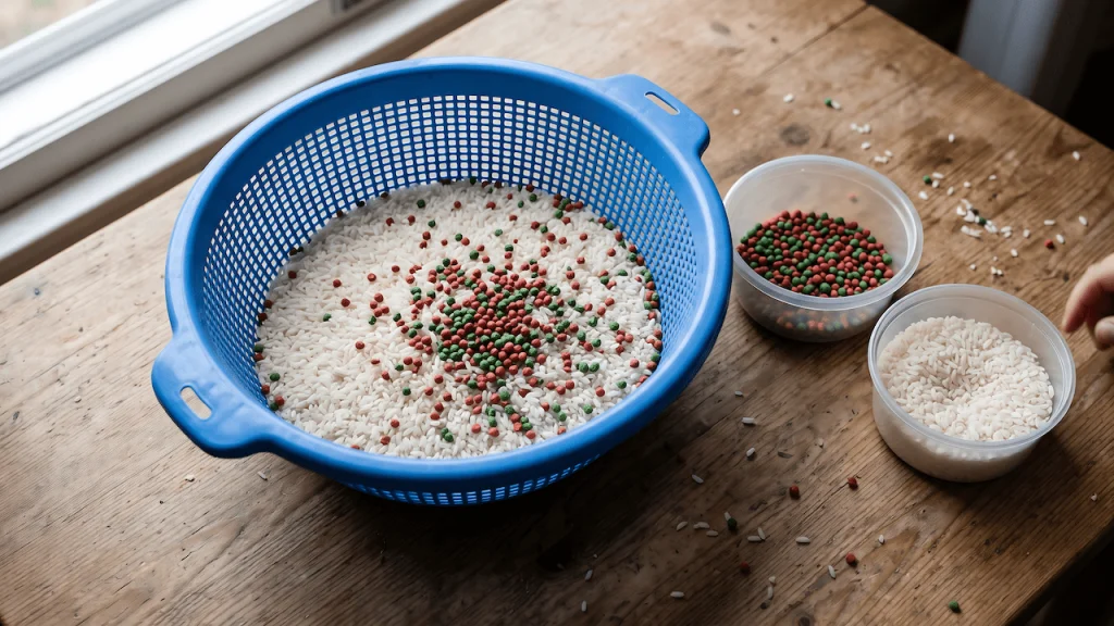 Colander of rice with red and green fish pellets beside two containers for sorting