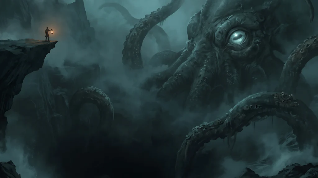 A figure about to stare into the abyss as a giant tentacled monster looks back from the dark