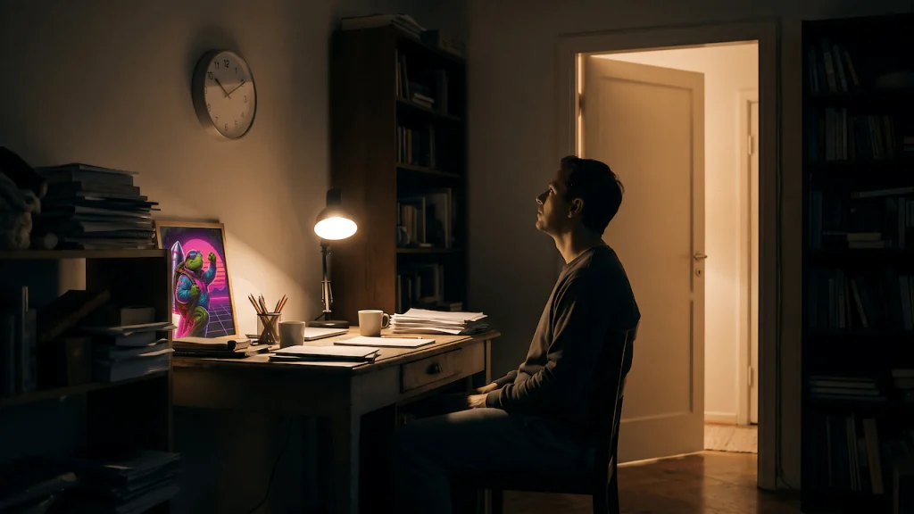 A man at a desk at night looking at a clock, with an open doorway of light behind him