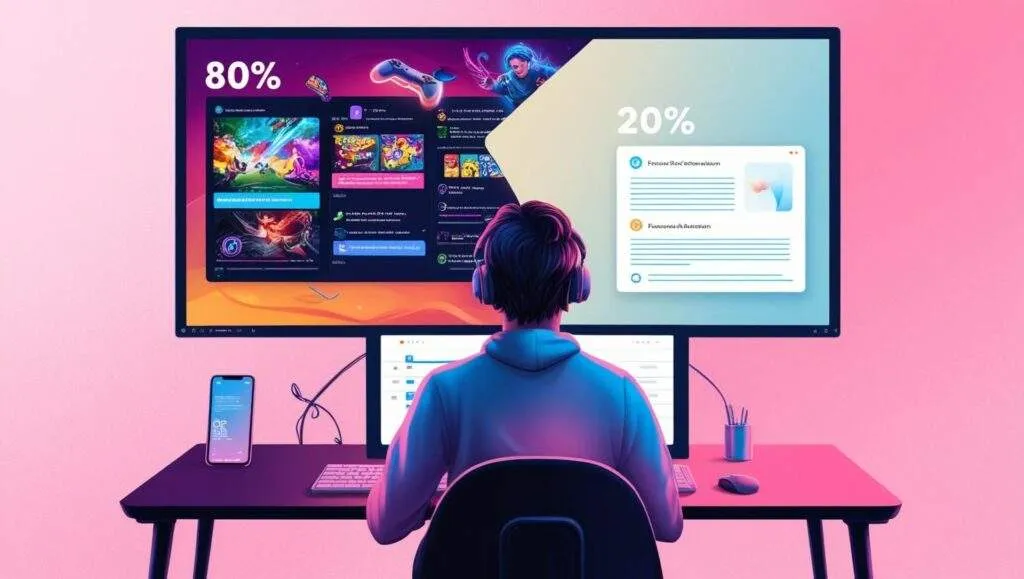 A split-screen illustration showing a person balancing gaming (80%) and work (20%), highlighting the common misuse of the 80/20 Rule.