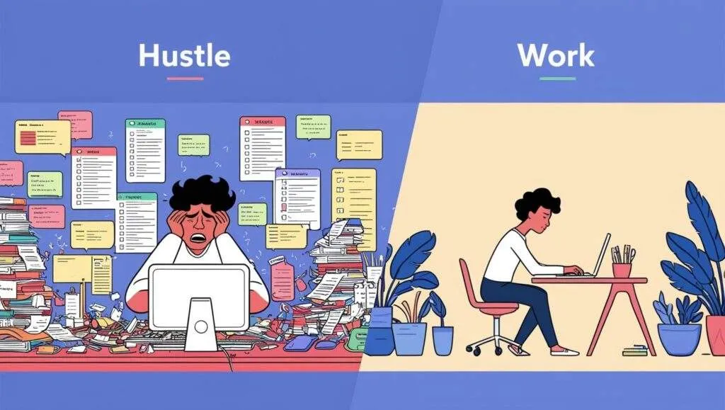 Illustration showing the contrast between overworking and efficient, smart work strategies for better productivity.