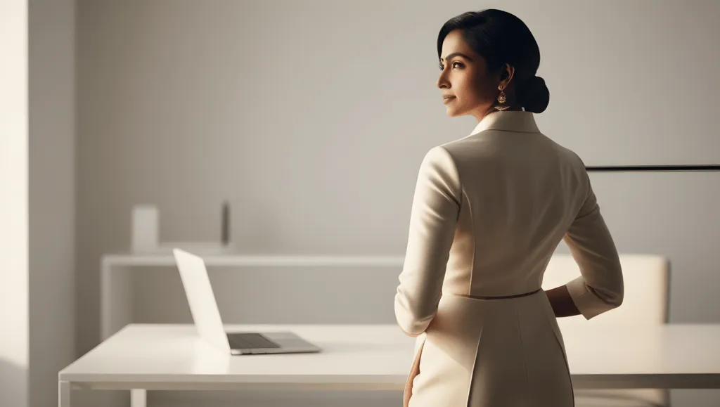 A confident, empowered woman reflecting on productivity in a modern minimalist workspace