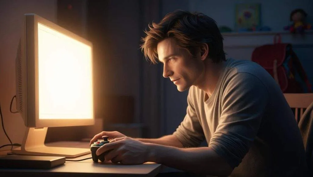 A man sits quietly in front of a glowing screen, holding a controller. His posture is heavy with stress, surrounded by signs of family life, as he seeks peace in the only way he knows.