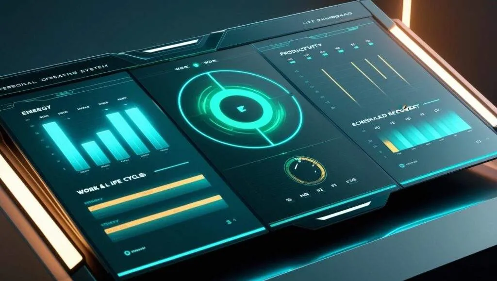 A high-tech digital dashboard displaying an optimized work-life system, symbolizing productivity and energy management.
