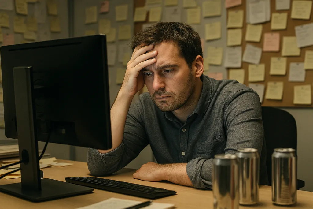 Burned out man unable to focus, sitting at a cluttered desk, mentally drained.