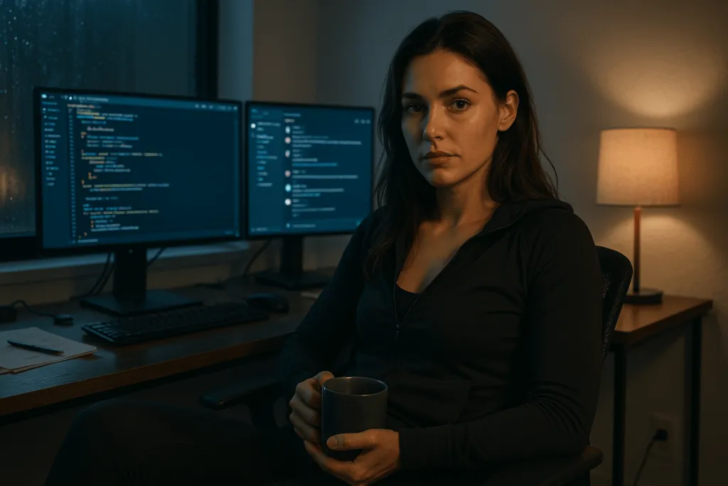 A determined woman working through the night, focused and calm in a minimalist setup, embodying quiet discipline and mental survival to build momentum